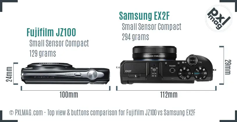 Fujifilm JZ100 vs Samsung EX2F top view buttons comparison