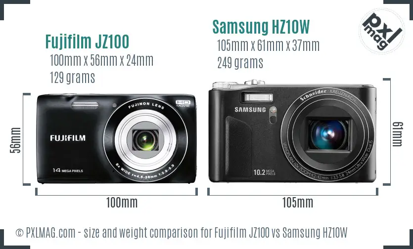 Fujifilm JZ100 vs Samsung HZ10W size comparison