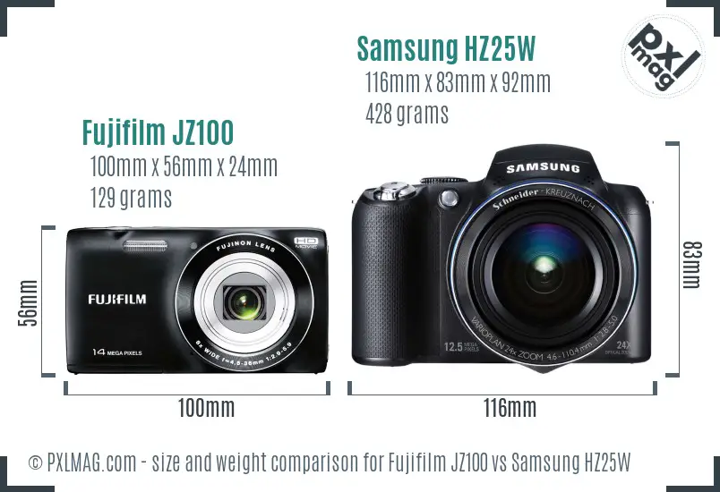 Fujifilm JZ100 vs Samsung HZ25W size comparison