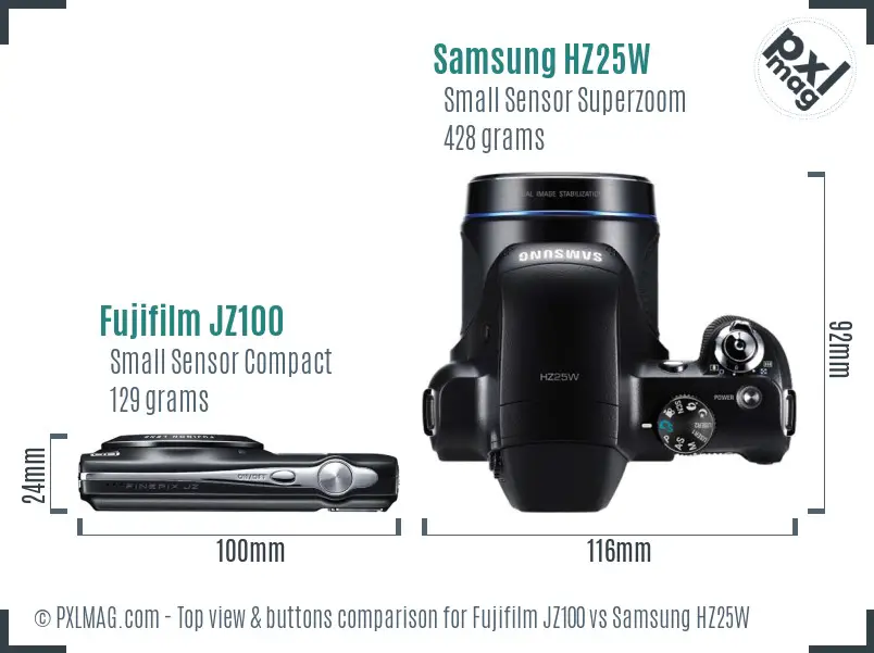 Fujifilm JZ100 vs Samsung HZ25W top view buttons comparison