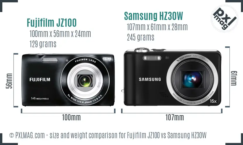 Fujifilm JZ100 vs Samsung HZ30W size comparison