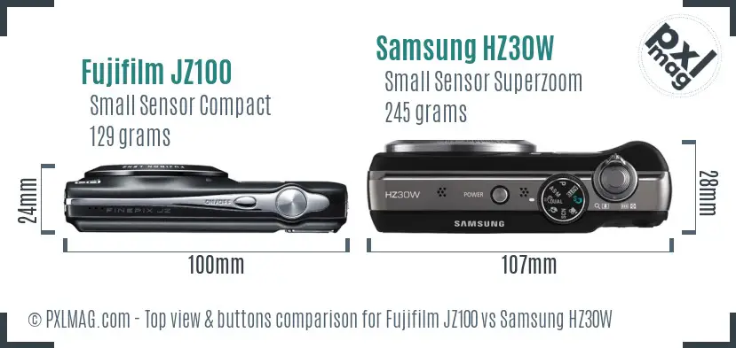 Fujifilm JZ100 vs Samsung HZ30W top view buttons comparison