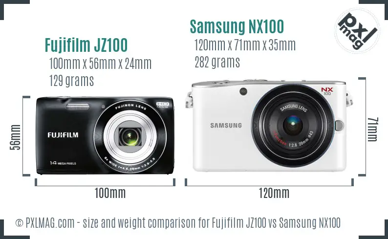 Fujifilm JZ100 vs Samsung NX100 size comparison