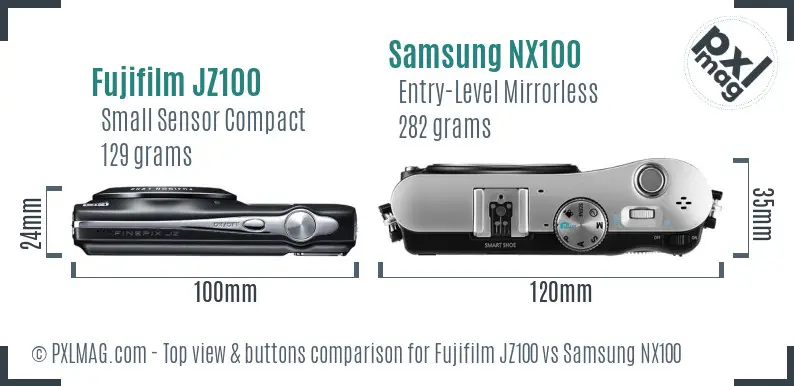 Fujifilm JZ100 vs Samsung NX100 top view buttons comparison