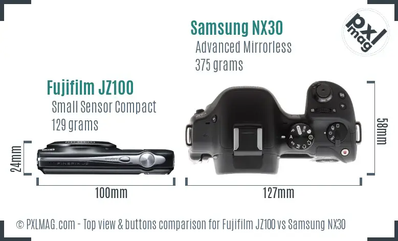 Fujifilm JZ100 vs Samsung NX30 top view buttons comparison Fujifilm JZ100 vs Samsung NX30 top view buttons comparison
