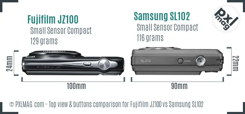 Fujifilm JZ100 vs Samsung SL102 top view buttons comparison