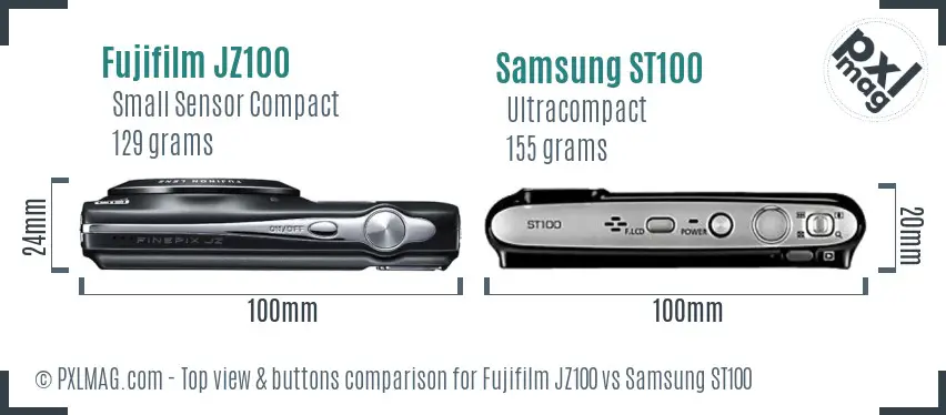 Fujifilm JZ100 vs Samsung ST100 top view buttons comparison Fujifilm JZ100 vs Samsung ST100 top view buttons comparison