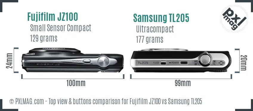 Fujifilm JZ100 vs Samsung TL205 top view buttons comparison