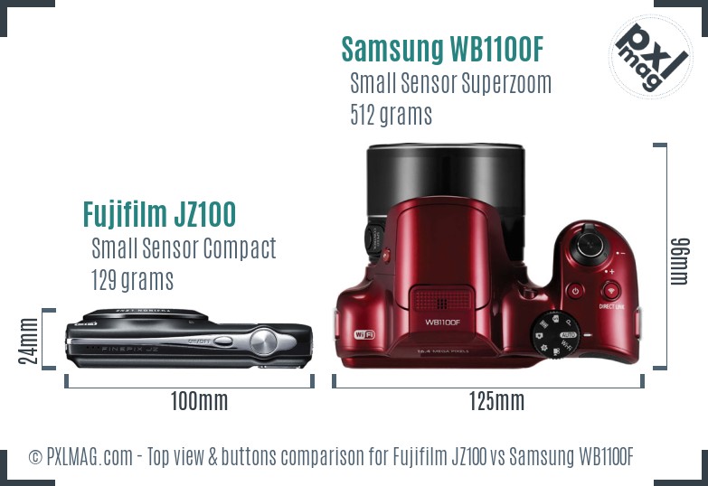 Fujifilm JZ100 vs Samsung WB1100F top view buttons comparison