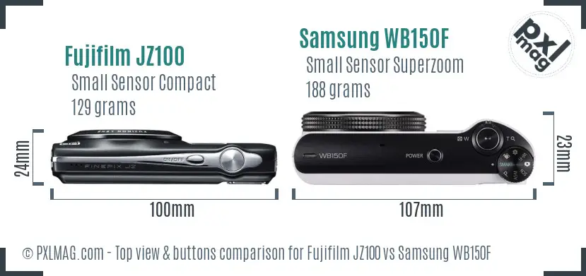 Fujifilm JZ100 vs Samsung WB150F top view buttons comparison Fujifilm JZ100 vs Samsung WB150F top view buttons comparison