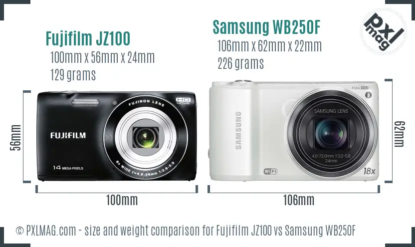 Fujifilm JZ100 vs Samsung WB250F size comparison