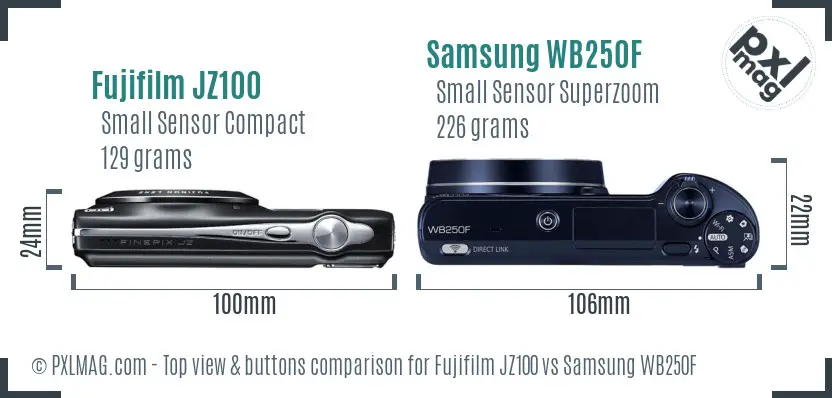 Fujifilm JZ100 vs Samsung WB250F top view buttons comparison