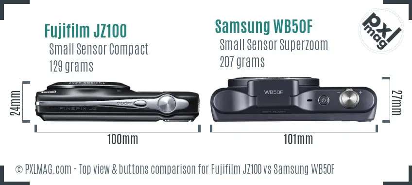 Fujifilm JZ100 vs Samsung WB50F top view buttons comparison Fujifilm JZ100 vs Samsung WB50F top view buttons comparison