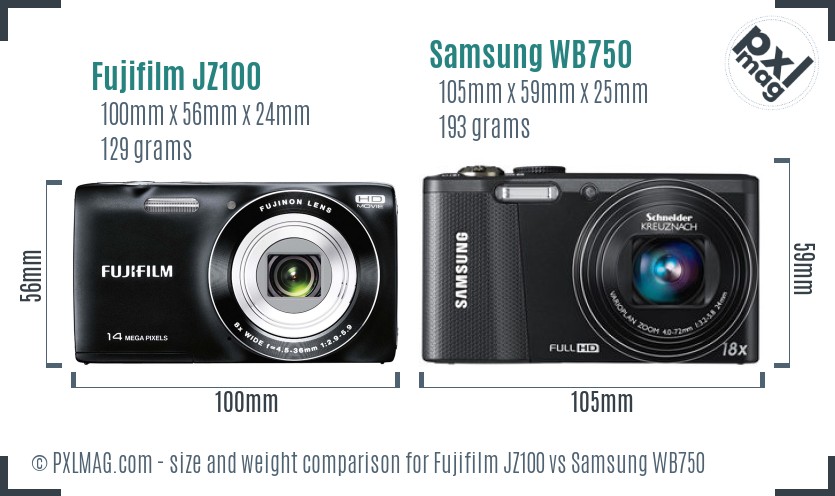Fujifilm JZ100 vs Samsung WB750 size comparison