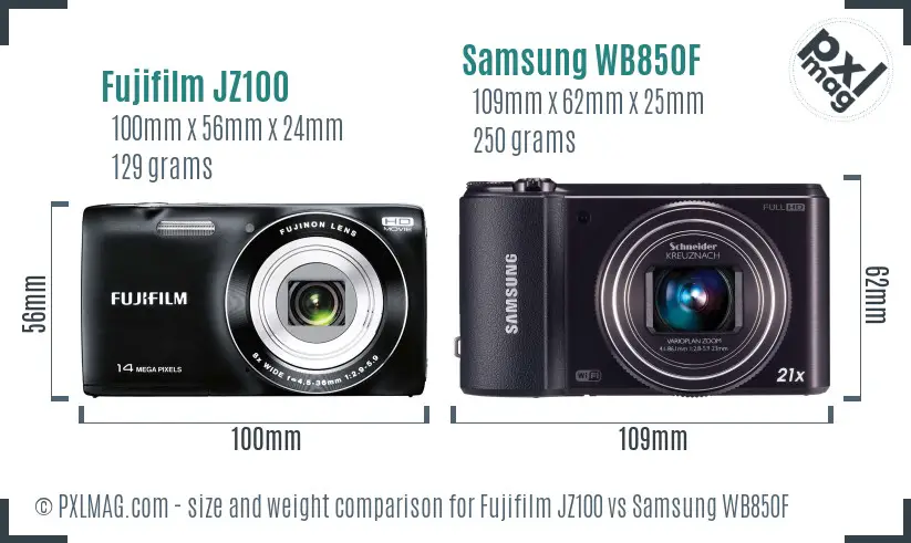 Fujifilm JZ100 vs Samsung WB850F size comparison Fujifilm JZ100 vs Samsung WB850F size comparison