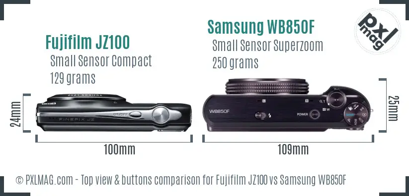 Fujifilm JZ100 vs Samsung WB850F top view buttons comparison Fujifilm JZ100 vs Samsung WB850F top view buttons comparison