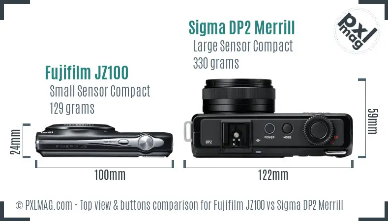 Fujifilm JZ100 vs Sigma DP2 Merrill top view buttons comparison Fujifilm JZ100 vs Sigma DP2 Merrill top view buttons comparison