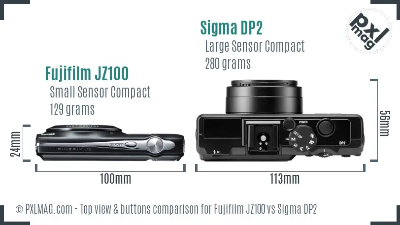 Fujifilm JZ100 vs Sigma DP2 top view buttons comparison Fujifilm JZ100 vs Sigma DP2 top view buttons comparison