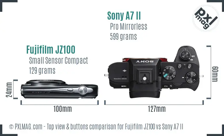 Fujifilm JZ100 vs Sony A7 II top view buttons comparison