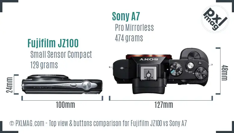 Fujifilm JZ100 vs Sony A7 top view buttons comparison Fujifilm JZ100 vs Sony A7 top view buttons comparison