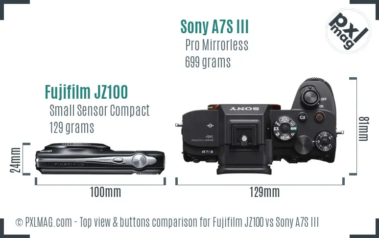 Fujifilm JZ100 vs Sony A7S III top view buttons comparison