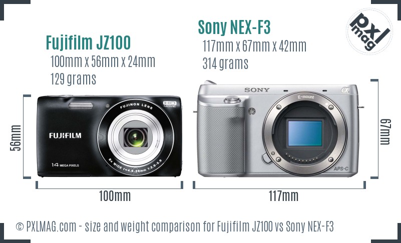 Fujifilm JZ100 vs Sony NEX-F3 size comparison