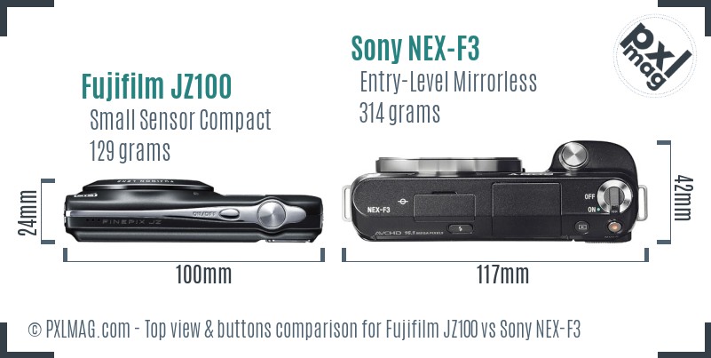 Fujifilm JZ100 vs Sony NEX-F3 top view buttons comparison