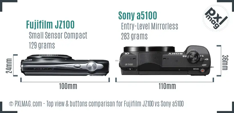 Fujifilm JZ100 vs Sony a5100 top view buttons comparison