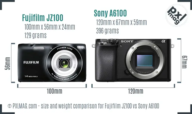 Fujifilm JZ100 vs Sony A6100 size comparison