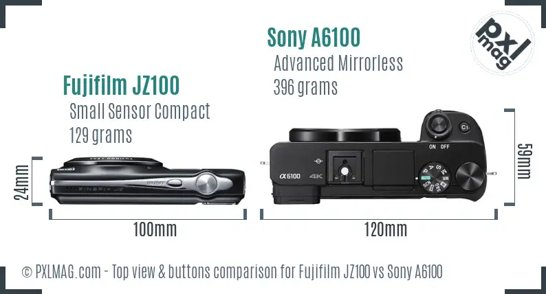 Fujifilm JZ100 vs Sony A6100 top view buttons comparison