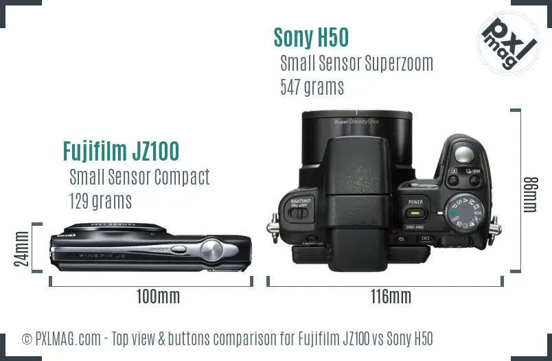 Fujifilm JZ100 vs Sony H50 top view buttons comparison Fujifilm JZ100 vs Sony H50 top view buttons comparison