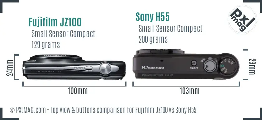 Fujifilm JZ100 vs Sony H55 top view buttons comparison