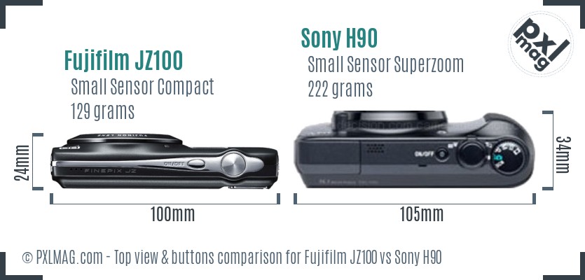 Fujifilm JZ100 vs Sony H90 top view buttons comparison