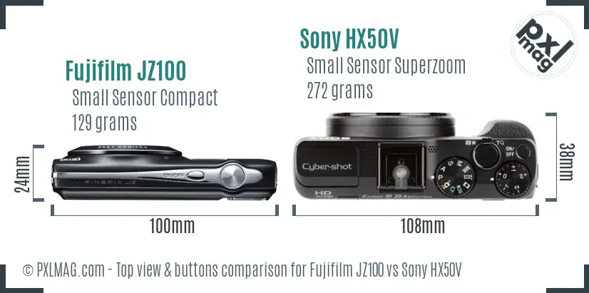 Fujifilm JZ100 vs Sony HX50V top view buttons comparison