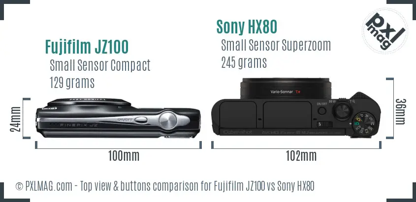 Fujifilm JZ100 vs Sony HX80 top view buttons comparison