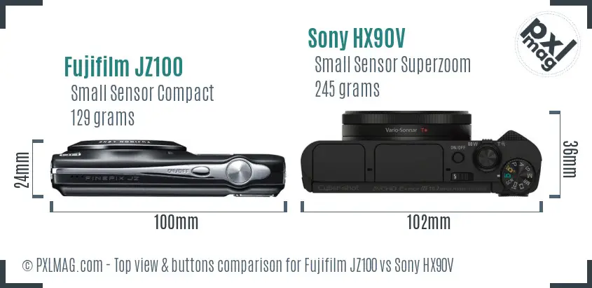 Fujifilm JZ100 vs Sony HX90V top view buttons comparison