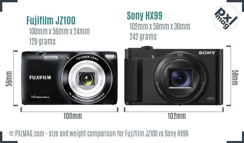 Fujifilm JZ100 vs Sony HX99 size comparison