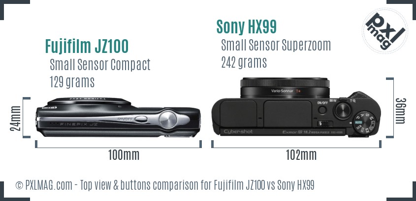 Fujifilm JZ100 vs Sony HX99 top view buttons comparison