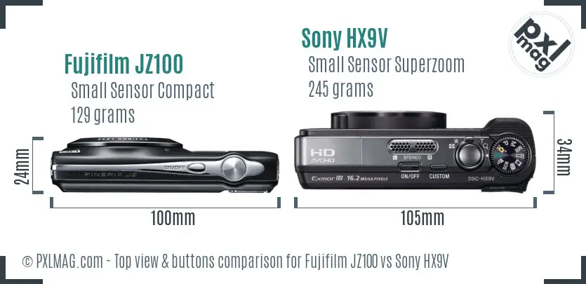Fujifilm JZ100 vs Sony HX9V top view buttons comparison