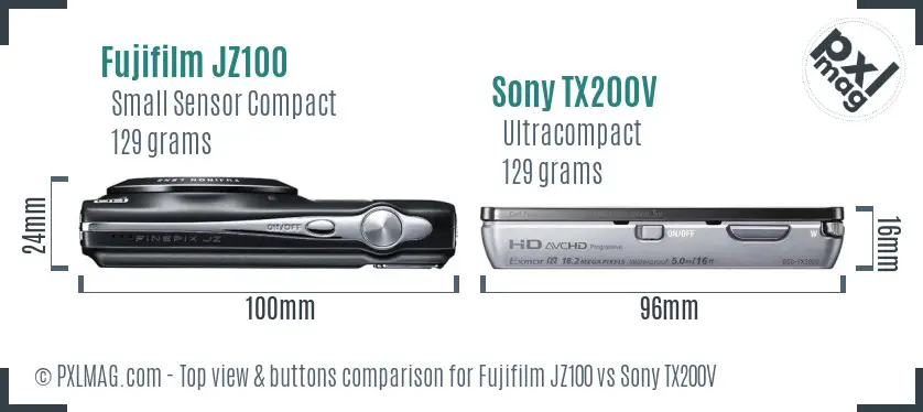 Fujifilm JZ100 vs Sony TX200V top view buttons comparison