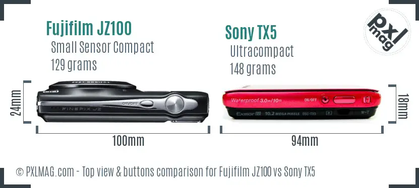 Fujifilm JZ100 vs Sony TX5 top view buttons comparison Fujifilm JZ100 vs Sony TX5 top view buttons comparison
