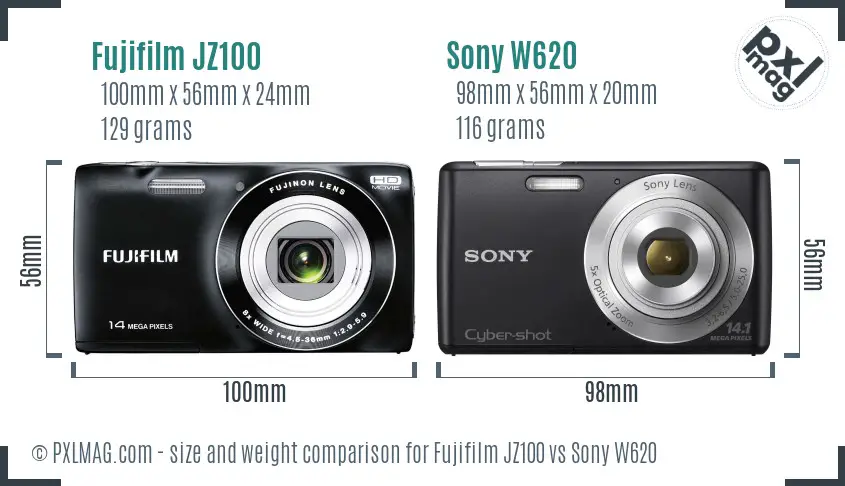 Fujifilm JZ100 vs Sony W620 size comparison