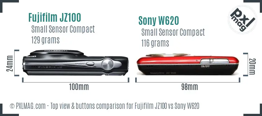 Fujifilm JZ100 vs Sony W620 top view buttons comparison