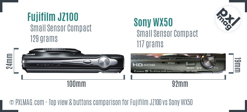 Fujifilm JZ100 vs Sony WX50 top view buttons comparison