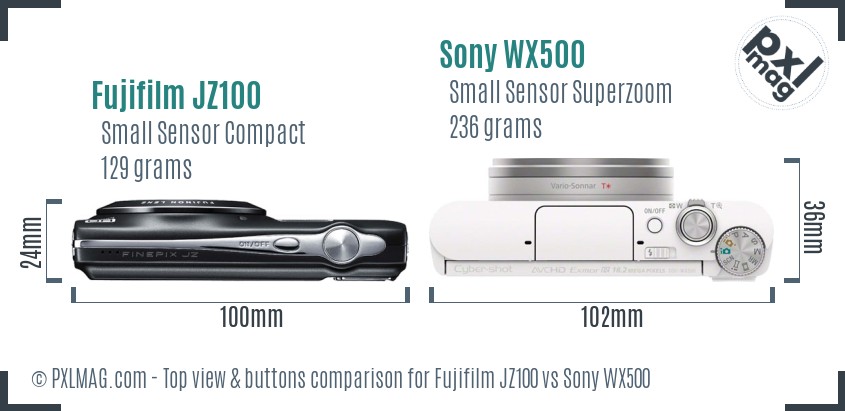 Fujifilm JZ100 vs Sony WX500 top view buttons comparison