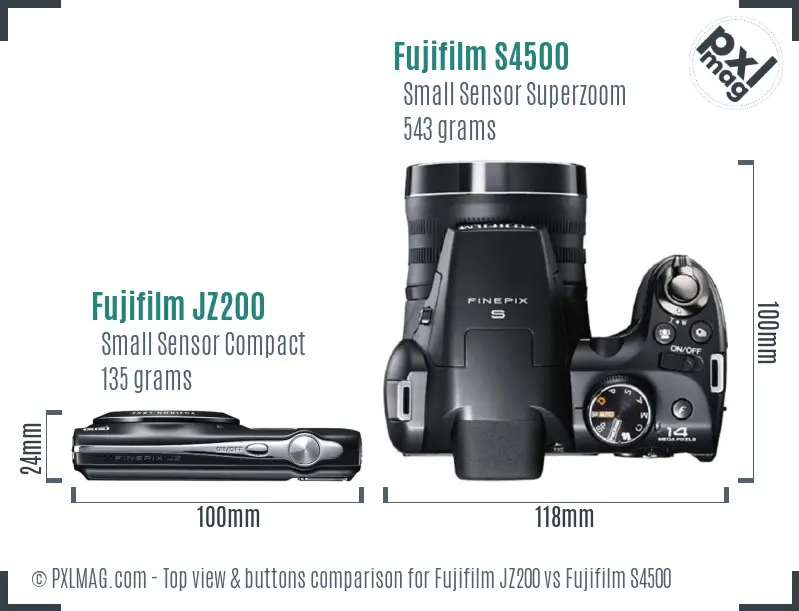 Fujifilm JZ200 vs Fujifilm S4500 top view buttons comparison Fujifilm JZ200 vs Fujifilm S4500 top view buttons comparison