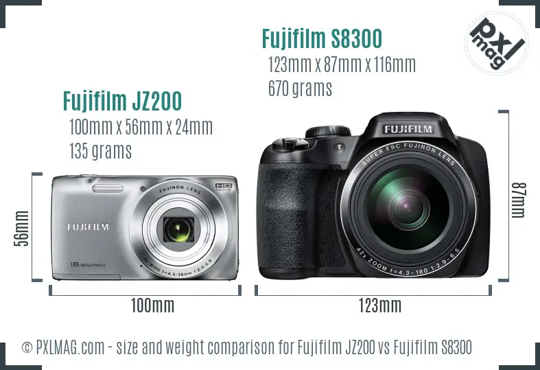 Size and ergonomics side-by-side comparison of Fujifilm FinePix JZ200 and S8300