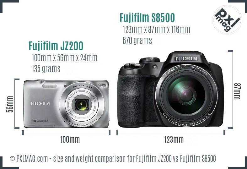 Fujifilm JZ200 vs Fujifilm S8500 size comparison