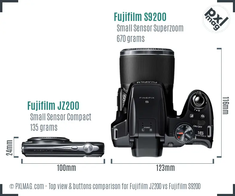 Fujifilm JZ200 vs Fujifilm S9200 top view buttons comparison