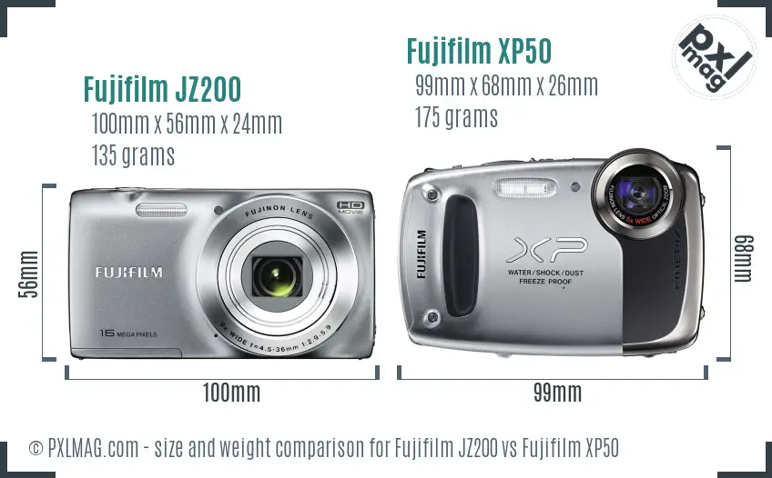 Fujifilm JZ200 vs Fujifilm XP50 size comparison